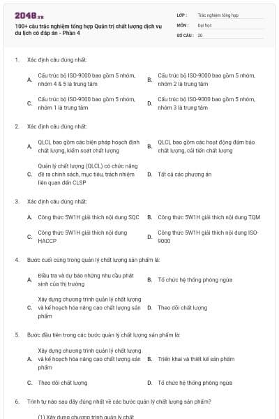 100+ câu trắc nghiệm tổng hợp Quản trị chất lượng dịch vụ du lịch có đáp án - Phần 4
