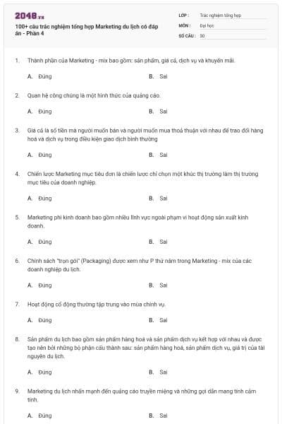 100+ câu trắc nghiệm tổng hợp Marketing du lịch có đáp án - Phần 4