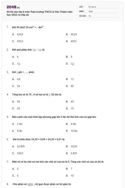 Đề thi vào lớp 6 môn Toán trường THCS Lê Văn Thiêm năm học 2022 có đáp án