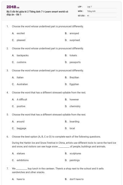 Bộ 5 đề thi giữa kì 2 Tiếng Anh 7 i-Learn smart world có đáp án - Đề 1