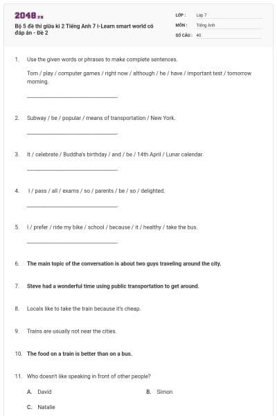 Bộ 5 đề thi giữa kì 2 Tiếng Anh 7 i-Learn smart world có đáp án - Đề 2