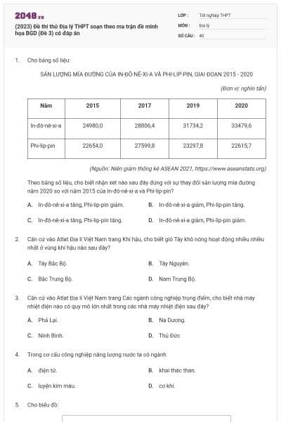 (2023) Đề thi thử Địa lý THPT soạn theo ma trận đề minh họa BGD (Đề 3) có đáp án
