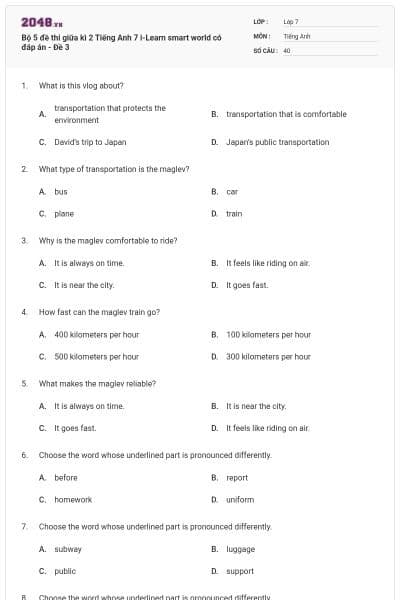 Bộ 5 đề thi giữa kì 2 Tiếng Anh 7 i-Learn smart world có đáp án - Đề 3
