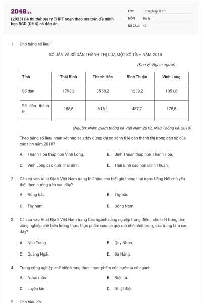 (2023) Đề thi thử Địa lý THPT soạn theo ma trận đề minh họa BGD (Đề 4) có đáp án