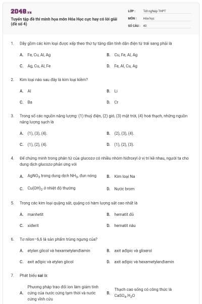 Tuyển tập đề thi minh họa môn Hóa Học cực hay có lời giải (đề số 4)