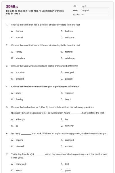 Bộ 5 đề thi giữa kì 2 Tiếng Anh 7 i-Learn smart world có đáp án - Đề 5