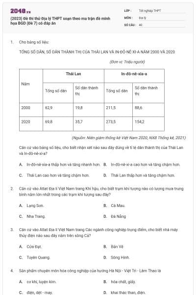 (2023) Đề thi thử Địa lý THPT soạn theo ma trận đề minh họa BGD (Đề 7) có đáp án