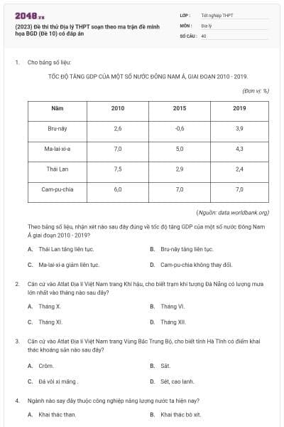 (2023) Đề thi thử Địa lý THPT soạn theo ma trận đề minh họa BGD (Đề 10) có đáp án