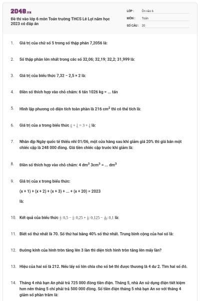 Đề thi vào lớp 6 môn Toán trường THCS Lê Lợi năm học 2023 có đáp án