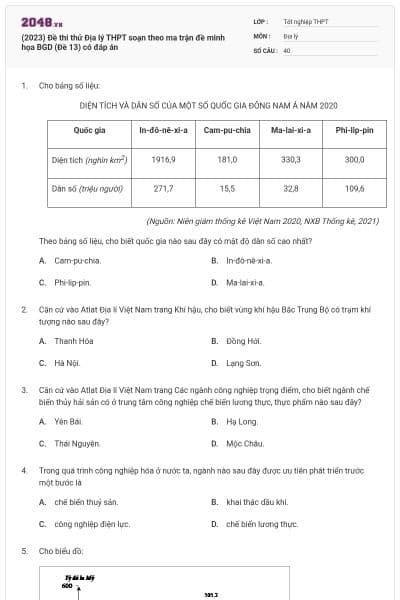 (2023) Đề thi thử Địa lý THPT soạn theo ma trận đề minh họa BGD (Đề 13) có đáp án