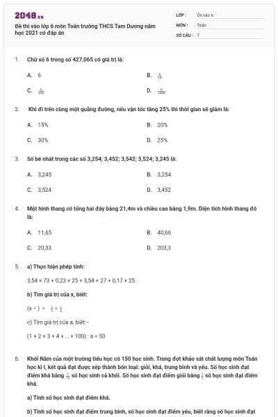 Đề thi vào lớp 6 môn Toán trường THCS Tam Dương năm học 2021 có đáp án