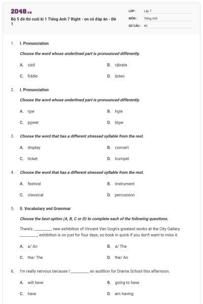 Bộ 5 đề thi cuối kì 1 Tiếng Anh 7 Right - on có đáp án - Đề 1