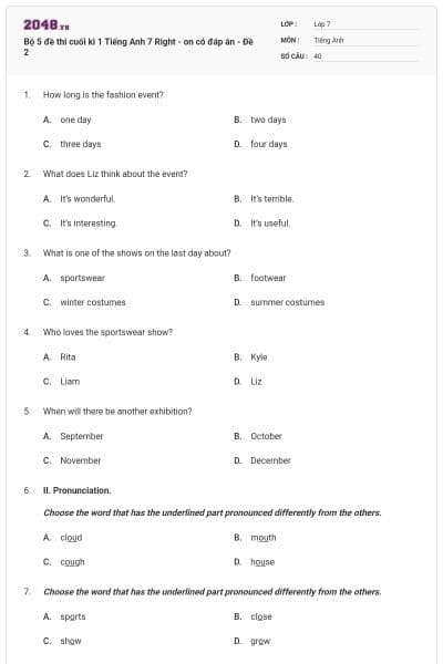 Bộ 5 đề thi cuối kì 1 Tiếng Anh 7 Right - on có đáp án - Đề 2
