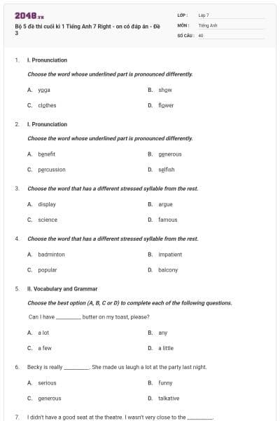 Bộ 5 đề thi cuối kì 1 Tiếng Anh 7 Right - on có đáp án - Đề 3