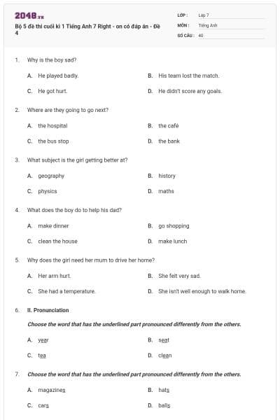 Bộ 5 đề thi cuối kì 1 Tiếng Anh 7 Right - on có đáp án - Đề 4