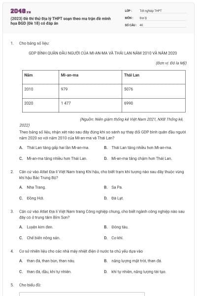 (2023) Đề thi thử Địa lý THPT soạn theo ma trận đề minh họa BGD (Đề 18) có đáp án