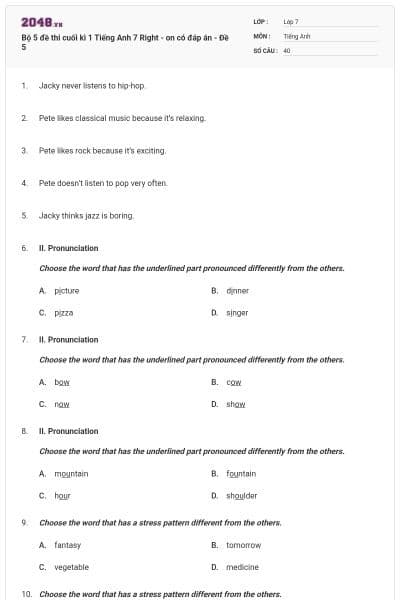Bộ 5 đề thi cuối kì 1 Tiếng Anh 7 Right - on có đáp án - Đề 5