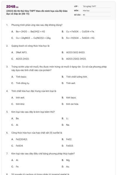 (2023) Đề thi thử Hóa THPT theo đề minh họa của Bộ Giáo dục có đáp án (Đề 15)
