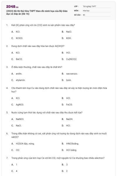(2023) Đề thi thử Hóa THPT theo đề minh họa của Bộ Giáo dục có đáp án (Đề 16)
