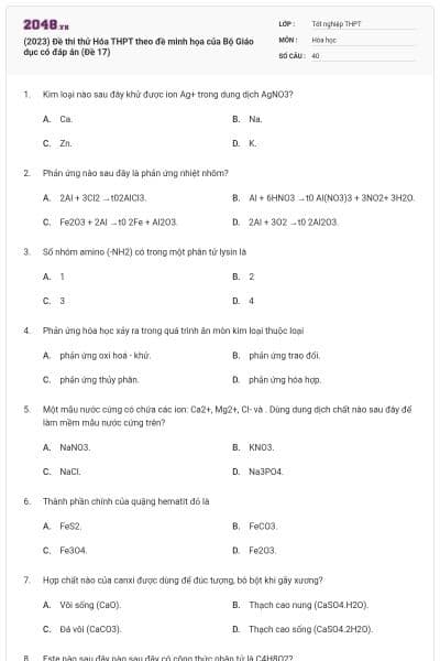(2023) Đề thi thử Hóa THPT theo đề minh họa của Bộ Giáo dục có đáp án (Đề 17)