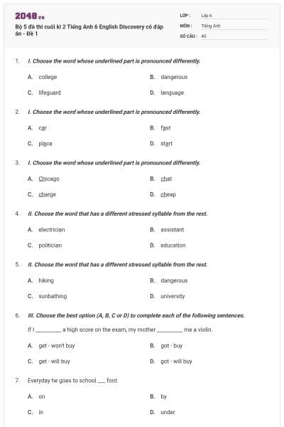 Bộ 5 đề thi cuối kì 2 Tiếng Anh 6 English Discovery có đáp án - Đề 1