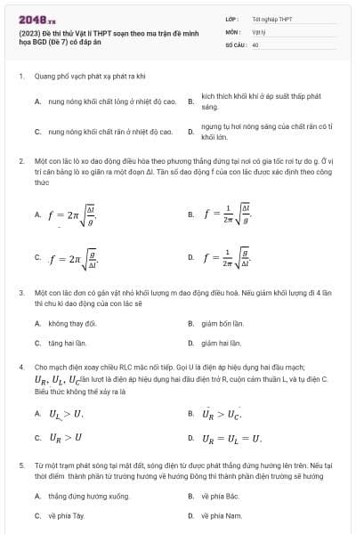 (2023) Đề thi thử Vật lí THPT soạn theo ma trận đề minh họa BGD (Đề 7) có đáp án