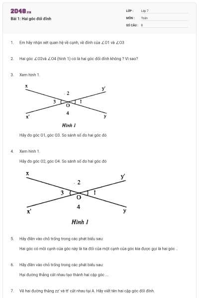 Bài 1: Hai góc đối đỉnh