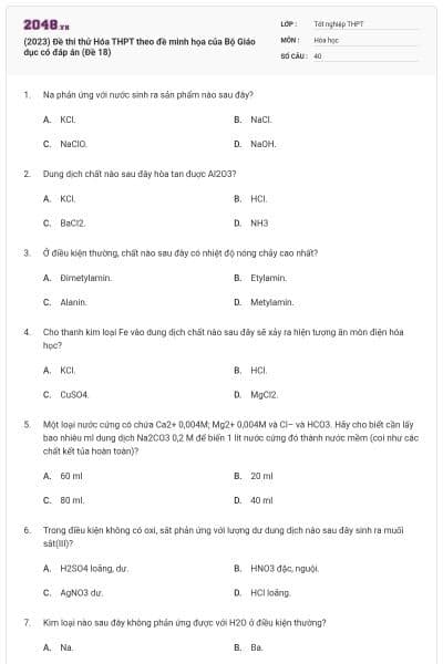 (2023) Đề thi thử Hóa THPT theo đề minh họa của Bộ Giáo dục có đáp án (Đề 18)