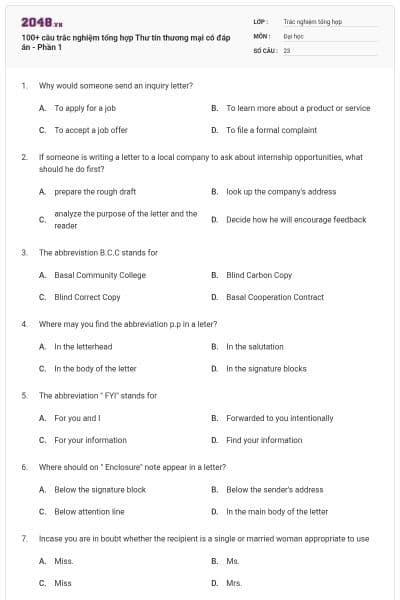 100+ câu trắc nghiệm tổng hợp Thư tín thương mại có đáp án - Phần 1