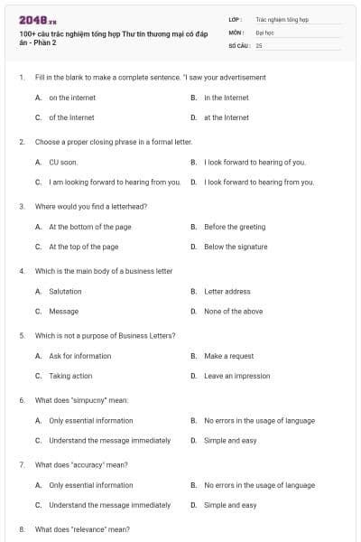 100+ câu trắc nghiệm tổng hợp Thư tín thương mại có đáp án - Phần 2