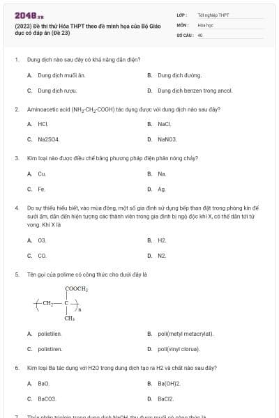(2023) Đề thi thử Hóa THPT theo đề minh họa của Bộ Giáo dục có đáp án (Đề 23)