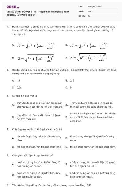 (2023) Đề thi thử Vật lí THPT soạn theo ma trận đề minh họa BGD (Đề 9) có đáp án