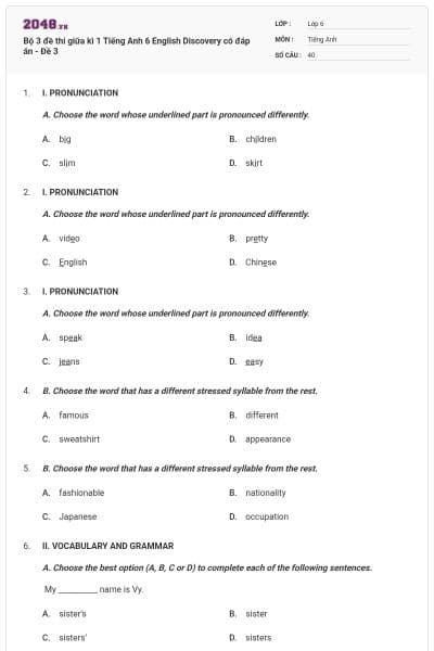 Bộ 3 đề thi giữa kì 1 Tiếng Anh 6 English Discovery có đáp án - Đề 3