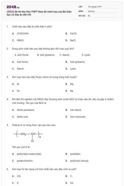 (2023) Đề thi thử Hóa THPT theo đề minh họa của Bộ Giáo dục có đáp án (Đề 24)