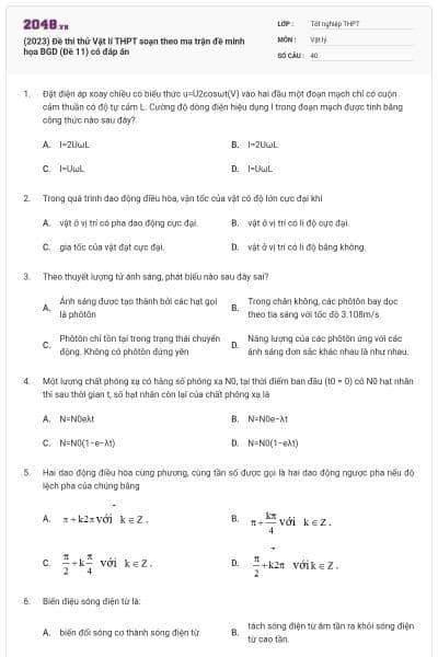 (2023) Đề thi thử Vật lí THPT soạn theo ma trận đề minh họa BGD (Đề 11) có đáp án