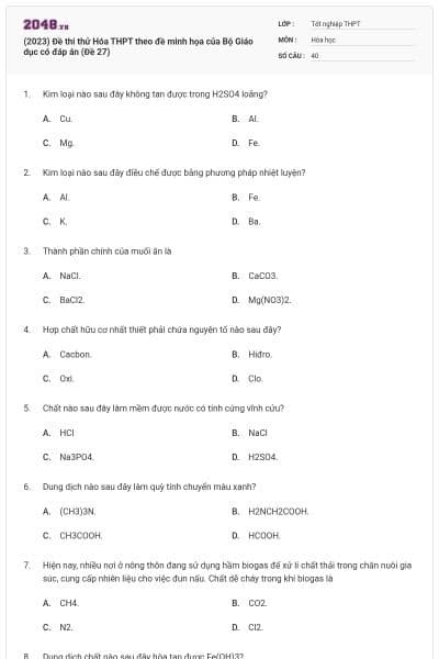 (2023) Đề thi thử Hóa THPT theo đề minh họa của Bộ Giáo dục có đáp án (Đề 27)