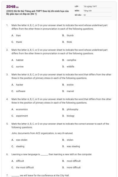 (2023) Đề thi thử Tiếng anh THPT theo bộ đề minh họa của Bộ giáo dục có đáp án (Đề 1)