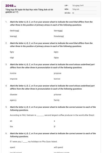 Tổng hợp đề luyện thi Đại Học môn Tiếng Anh có lời giải(Đề số 17)