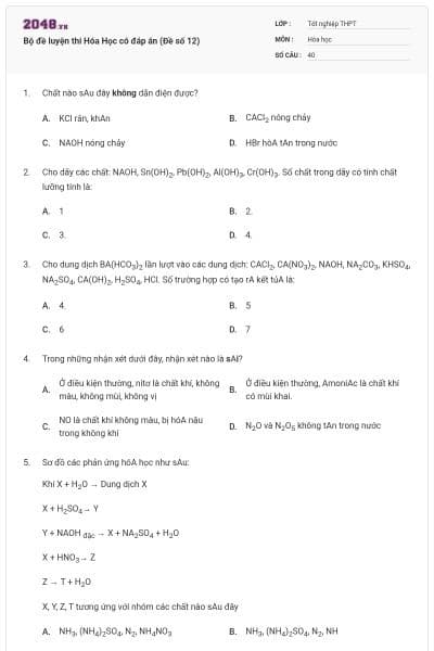 Bộ đề luyện thi Hóa Học có đáp án (Đề số 12)