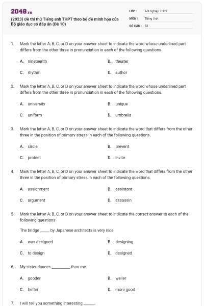 (2023) Đề thi thử Tiếng anh THPT theo bộ đề minh họa của Bộ giáo dục có đáp án (Đề 10)