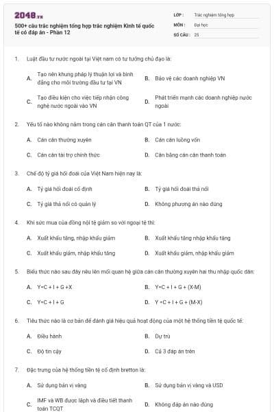 500+ câu trắc nghiệm tổng hợp trắc nghiệm Kinh tế quốc tế có đáp án - Phần 12