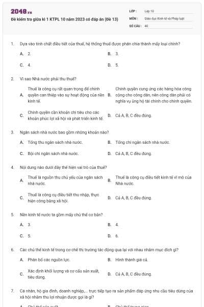 Đề kiểm tra giữa kì 1 KTPL 10 năm 2023 có đáp án (Đề 13)