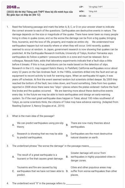 (2023) Đề thi thử Tiếng anh THPT theo bộ đề minh họa của Bộ giáo dục có đáp án (Đề 12)