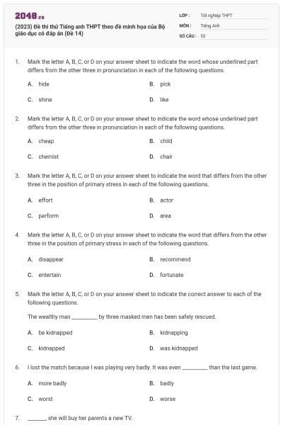 (2023) Đề thi thử Tiếng anh THPT theo đề minh họa của Bộ giáo dục có đáp án (Đề 14)