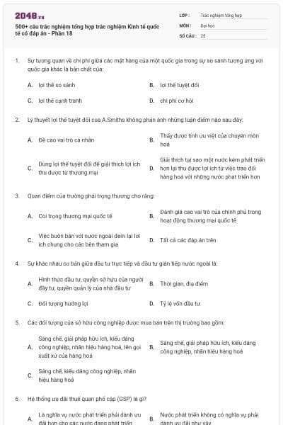 500+ câu trắc nghiệm tổng hợp trắc nghiệm Kinh tế quốc tế có đáp án - Phần 18