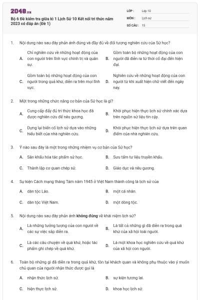 Bộ 6 Đề kiểm tra giữa kì 1 Lịch Sử 10 Kết nối tri thức năm 2023 có đáp án (Đề 1)