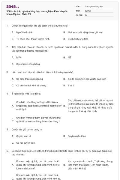500+ câu trắc nghiệm tổng hợp trắc nghiệm Kinh tế quốc tế có đáp án - Phần 19