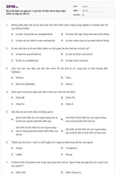 Bộ 6 Đề kiểm tra giữa kì 1 Lịch Sử 10 Kết nối tri thức năm 2023 có đáp án (Đề 2)