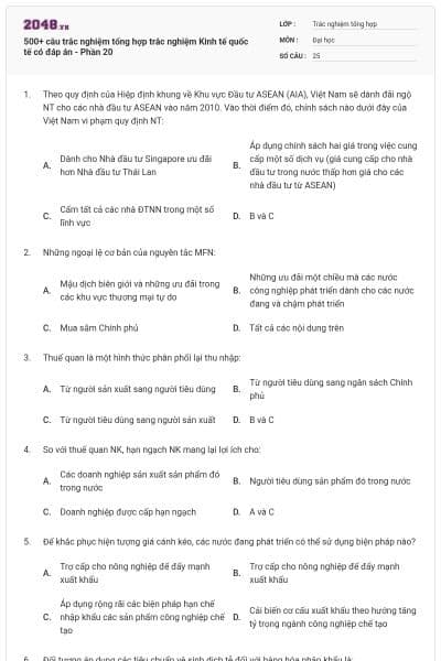 500+ câu trắc nghiệm tổng hợp trắc nghiệm Kinh tế quốc tế có đáp án - Phần 20