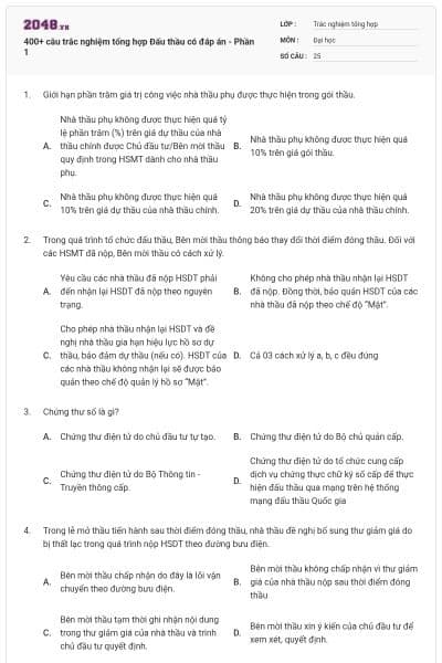 400+ câu trắc nghiệm tổng hợp Đấu thầu có đáp án - Phần 1